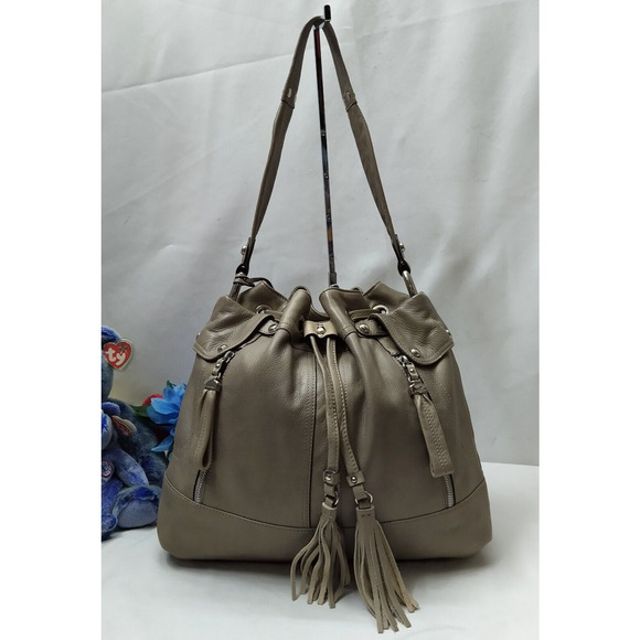 B. Makowsky Gray Leather Drawstring Zipper Pockets Shoulder Bag - Picture 3 of 16